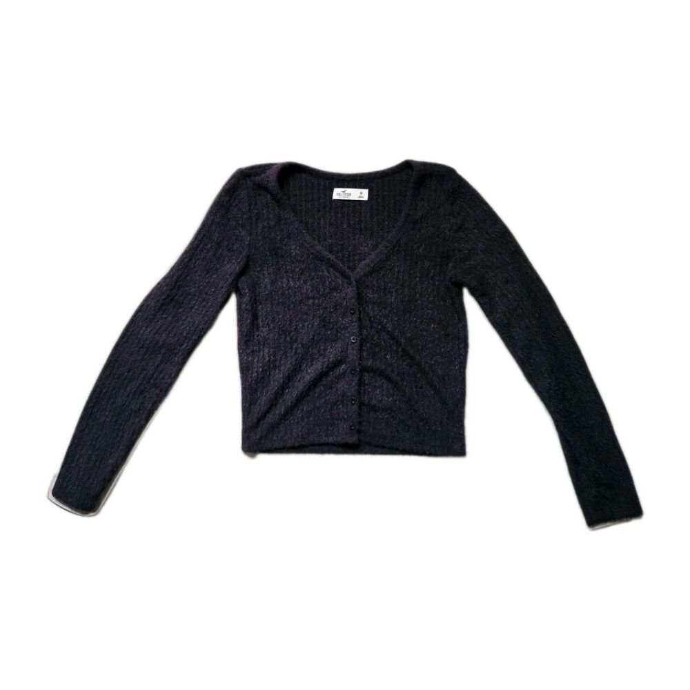 Hollister Fuzzy Knit Cardigan Sweater Black Button Front Soft Stretch Womens M